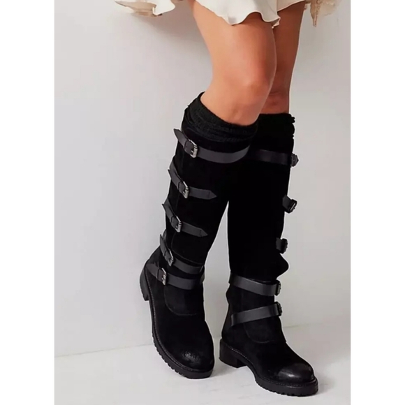 FREE PEOPLE Tristie Buckle Straps Knee High Boots Suede Lug in Black Size 6.5
